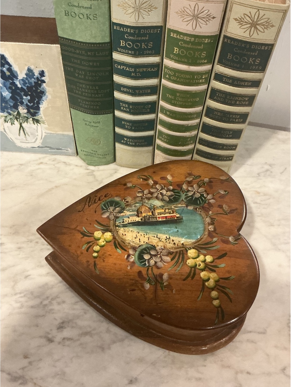 Vintage Hand Painted Wood Heart Box, Nice France Souvenir, Harbor Scene